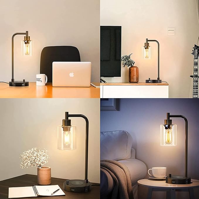 Industrial Table Lamp with Wireless Charing, Fully Stepless Dimmable Lamps Nightstand Lamps, Desk Lamp with Glass Shade Reading Lamp for Office Living Room (Black)