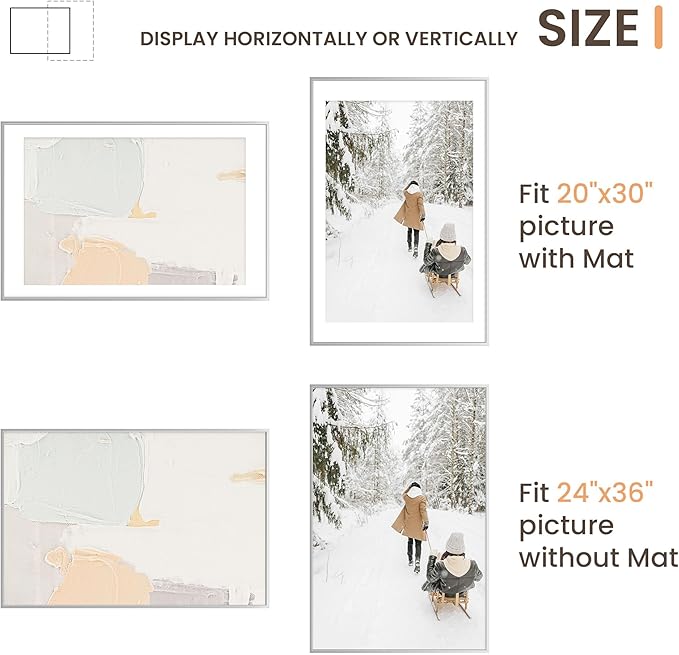 24x36 Metal Picture Frames, Aluminum Poster Frame with Removable Mat for 20x30 Photo, 24x36 Thin Hanging Frames, Sawtooth Picture Hangers Included for Home Wall Decor, Silver, Set of 1