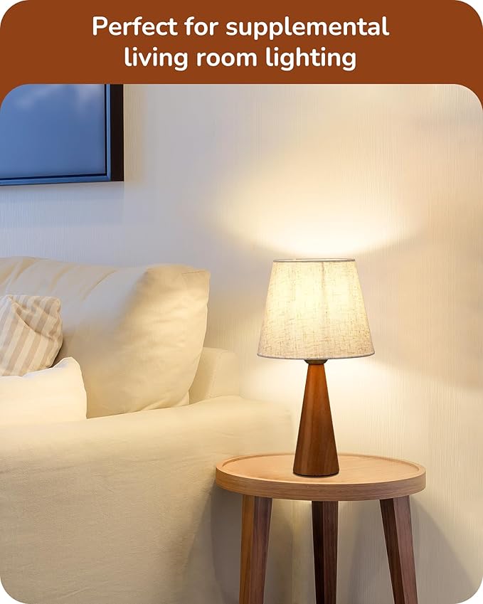 EDISHINE 13.58" Small Table Lamp, Wooden Bedside Lamp with Beige Linen Lampshade, Space-Saving Nightstand Lamp for Nursery Kids Room Bedroom Living Room, E26, ON-Off Button, Dark Rosewood Base