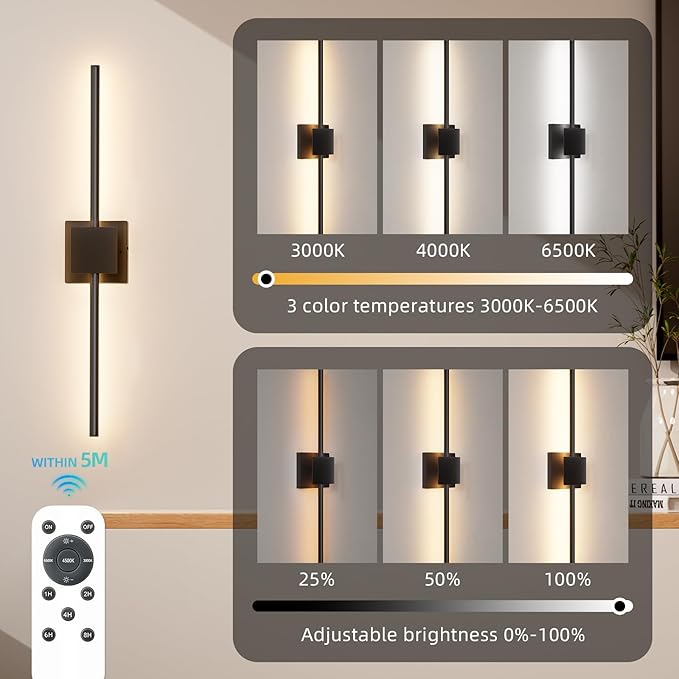 Torchlet Battery Operated Wall Sconce with Remote Control, Dimmable Wall Sconces Set of Two with DIY Independently Rotatable Lamp, 3000K-6000K LED Wall Lights for Living Room, Bedroom, 28.3In, 2 Pack