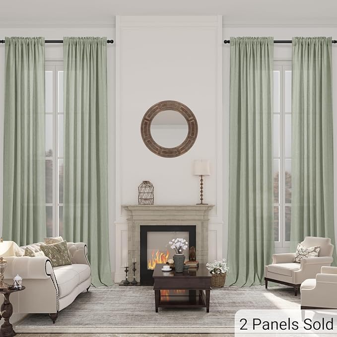 Guken Sage Green Linen Curtains 120 Inch Length for Living Room Bedroom 2 Panels Set Rod Pocket Light Filtering Semi Sheer Window Curtains 52 Inch Width Boho Farmhouse Linen Drapes, W52xL120
