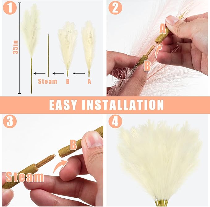 35" Faux Pampas Grass Decor, 8pcs Large Tall Fluffy Artificial Pompous Grass Branches Floral Fake Pompas Grass Bulrush Floor Vase Filler Flower Arrangement for Home Wedding Boho Decor Beige