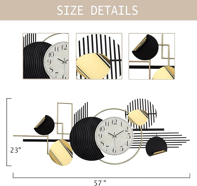 Metal Wall Art, Black and White Decor for Living Room, Abstract Modern Creative Geometric Round Art Decor 56" × 24" Large 3D Wall Clock for Bedroom, Dining Room, Home Hanging Wall Sculpture