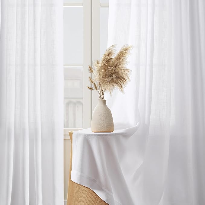 Guken White Linen Curtains 102 Inch Length for Living Room Bedroom 2 Panels Set Rod Pocket Light Filtering Semi Sheer Window Curtains 52 Inch Width Boho Farmhouse Linen Drapes, W52xL102