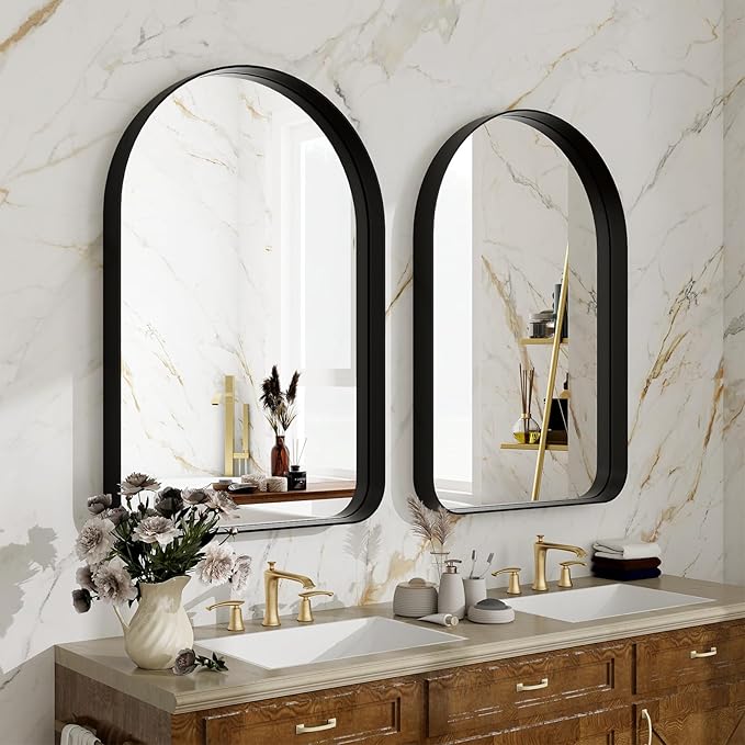 38"x26" Arched Bathroom Mirror - Modern Black Mirror for Wall with Rounded Corners, Bathroom Mirror for Vanity, Aluminum Alloy Framed Mirror - for Living Room, Bedroom, Cloakroom