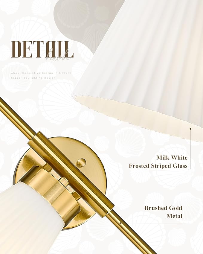 Bathroom Light Fixture, HWH 3-Light Brushed Gold Vanity Lights for Bathroom Modern Vanity Sconce Lighting Over Mirror, Wall Lamp with Frosted White Striped Glass, 5HZG97B-3W BG