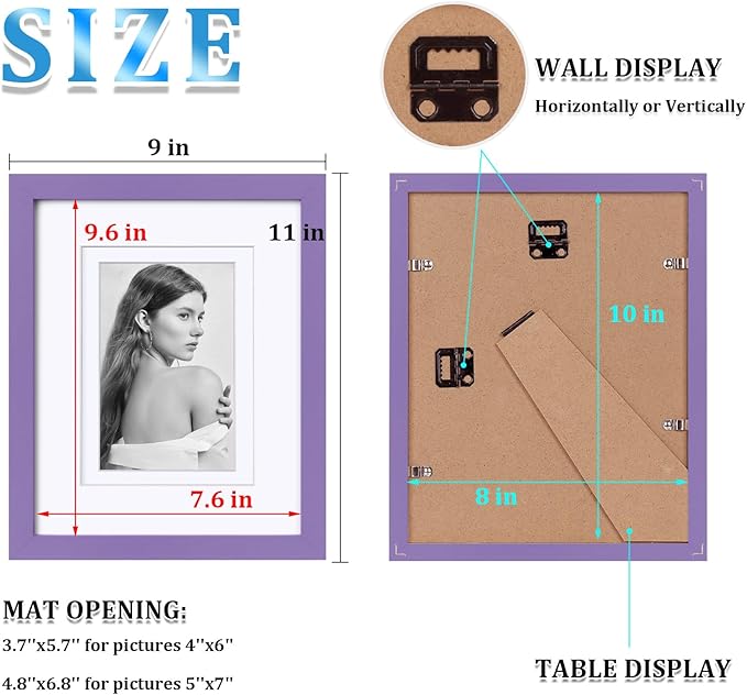Egofine 8x10 Picture Frames 4PCS, Made of Solid Wood Display 4x6 and 5x7 with Mat Covered by Plexiglass, for Table Top Display and Wall Mounting Photo frame, Purple