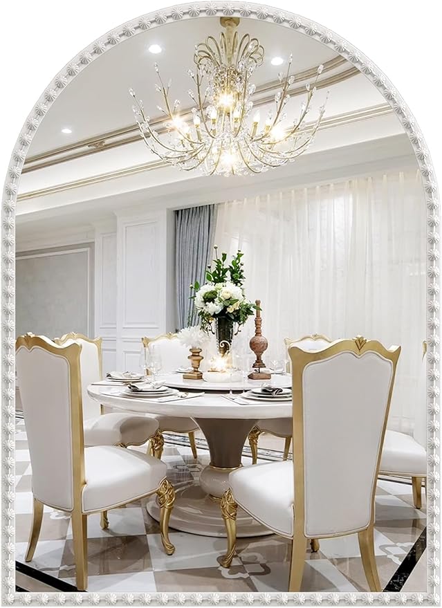 Arched Mirror for Wall, 22"x30" White Arch Bathroom Vanity Mirrors, Metal Floral Frame Decorative Arch Wall Mirror, White Arched Mirrors for Washroom, Bedroom, Entryway, Living Room