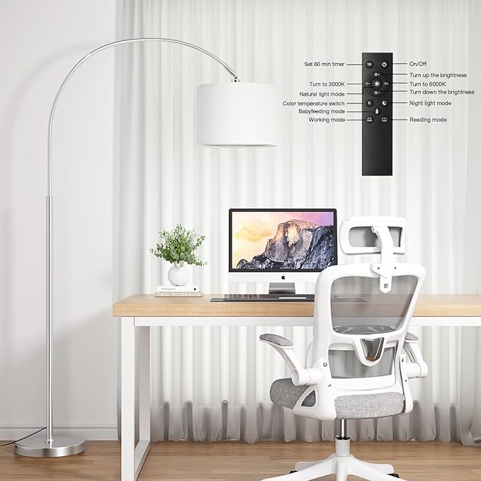 Ambimall Dimmable Arc Floor Lamp with Remote, Color Temperatures and Brightness Adjustable, Arched Floor Lamp with Rotating Head, Over Couch Arched Reading Light for Living Room (White and Silver)