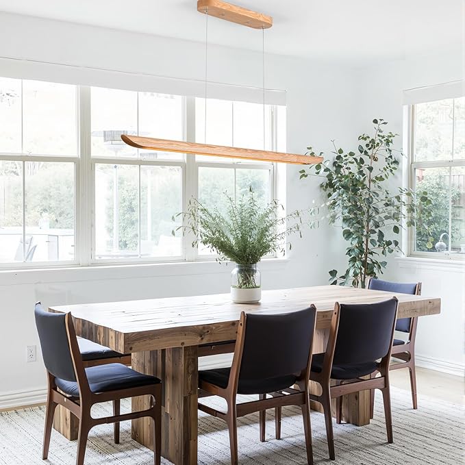 39" 24W Wood LED Linear Pendant Light Fixture,Dimmable Pool Table Island Lights,Modern Linear Hanging Chandeliers,for Dining Room Kitchen Island,Pool Table Lights,Natural Wood Color