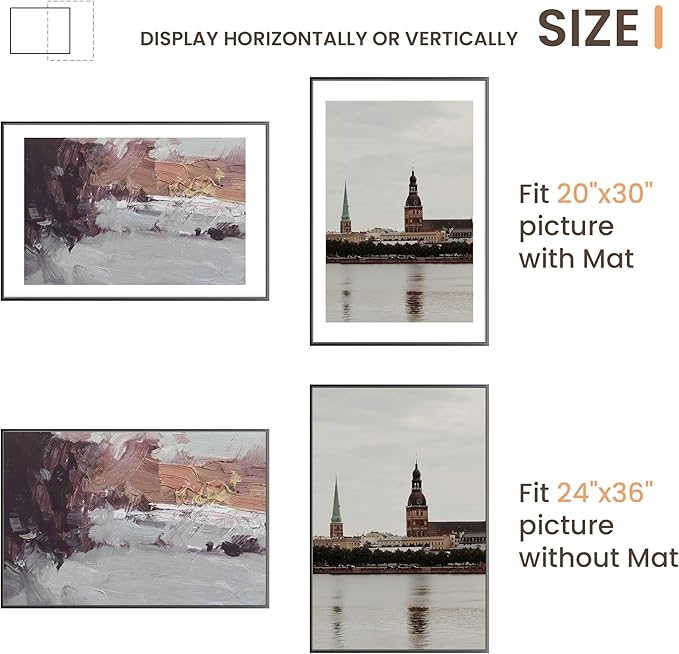 24x36 Metal Picture Frames, Aluminum Poster Frame with Removable Mat for 20x30 Photo, 24x36 Thin Hanging Frames, Sawtooth Picture Hangers Included for Home Wall Decor, Black, Set of 1