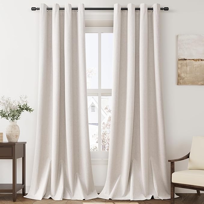 Beige Blackout Curtains 90 Inch Length for Bedroom Grommet Thick Heavy Black Out Linen Drapes 90 Long Farmhouse Rustic Living Room Thermal Insulated Energy Saving Light Blocking Window Curtain Panel
