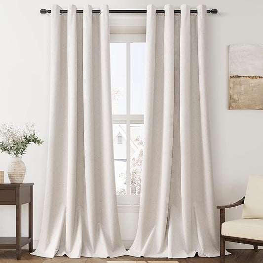Beige Blackout Curtains 90 Inch Length for Bedroom Grommet Thick Heavy Black Out Linen Drapes 90 Long Farmhouse Rustic Living Room Thermal Insulated Energy Saving Light Blocking Window Curtain Panel