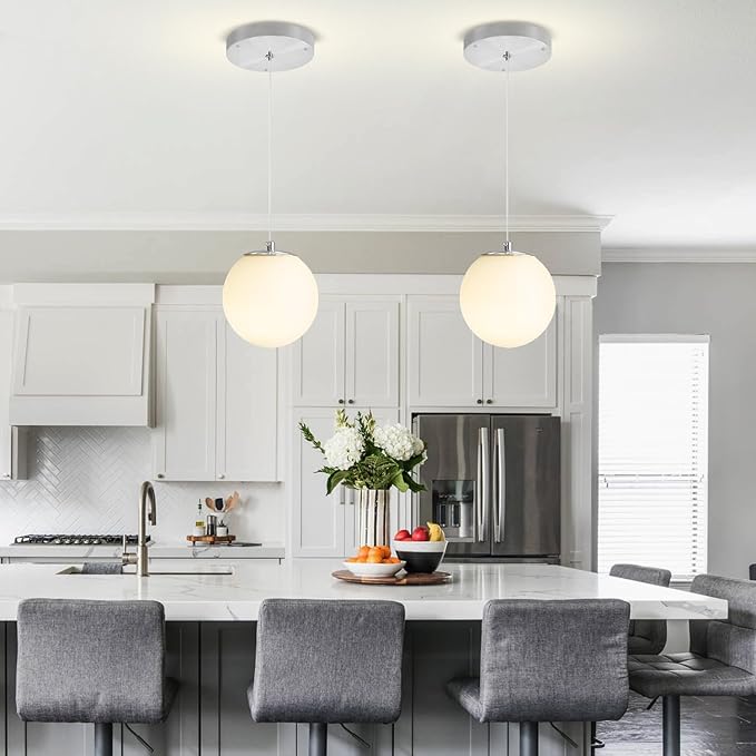 1-Light Modern Globe Pendant Light Fixtures Silver Chandelier with White Globe Glass Dimmable Ceiling Light Glass Pendant Light for Kitchen Island, Dining Room, Living Room, Entry Hallway