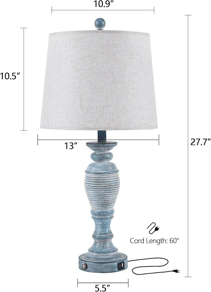 27.7" Table Lamps for Living Room Set of 2, 3 Way Dimmable Touch Lamps for Bedrooms with Dual USB Ports, Farmhouse Lamps for Nightstand,2 Bulbs Included