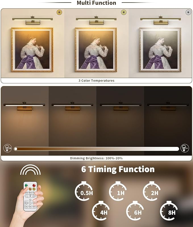 Joosenhouse Battery Operated Picture Light 5000mAh Rechargeable Wall Light 15.7" Wireless Picture Lights for Wall with Remote Control for Paintings Photo Spot Lights Indoor Brass Color