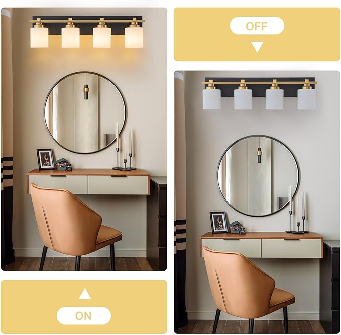 4 Light Modern Bathroom Light Fixtures Over Mirror, Black Gold Vanity Lights for Bathroom Wall Sconces with Milky White Glass Shades, E26 Socket (Bulbs Not Included)
