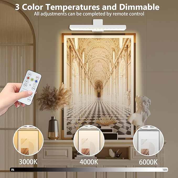 2Pack Picture Lights for Wall, 4500mAh Rechargeable Battery Painting Lights with 3 Color Temps,Remote Dimmable Timer Poster Light,Wall Decor Light for Art Display,Frame