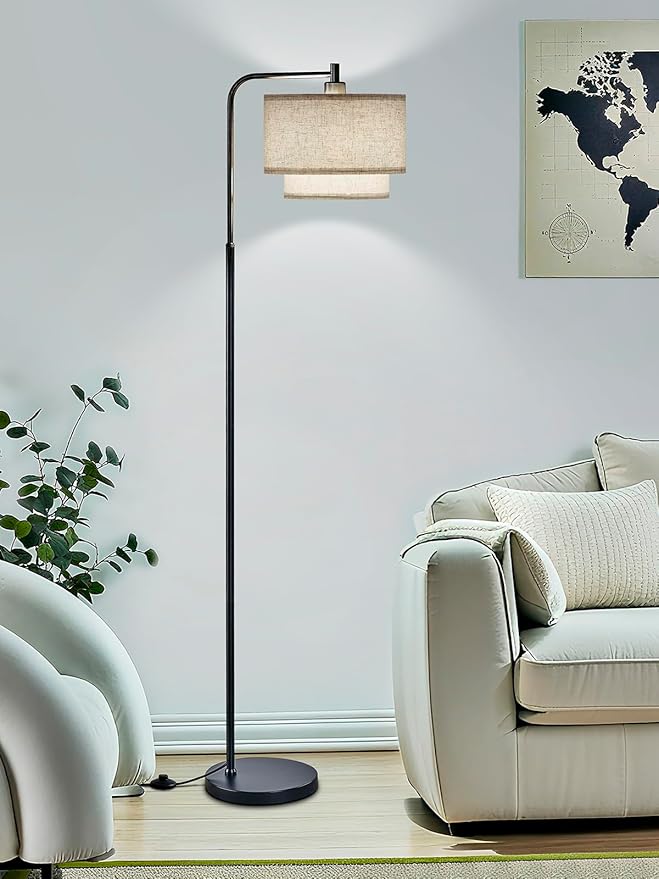 Modern Floor Lamp for Living Room Bedroom, Arc Floor Lamp with 3 Color Temperatures, Standing Lamp with Double Oatmeal Linen Lampshade, Tall Lamp with A19 12W LED Bulb, Foot Switch Control, Black
