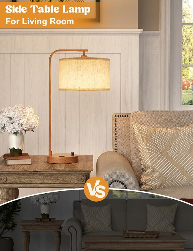 Wood Tall Table Lamp with USB Port and Outlet, Dimmable Nightstand Bedside Lamps with Linen Lampshade, Desk Lamp for Bedroom, Living Room, Guest Room, Home Office, LED Bulb Included