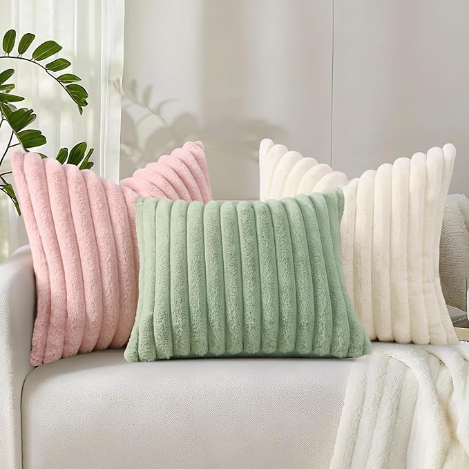 decorUhome Faux Fur Christmas Throw Pillow Covers 16x16 Set of 2, Decorative Soft Plush Striped Neutral Couch Euro Pillow Covers with Velvet Back for Sofa, Bed, Living Room Home Decor, Sage Green