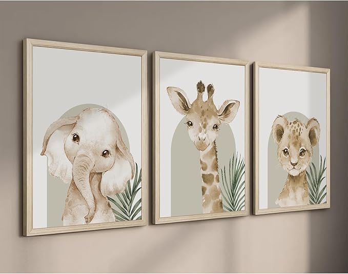Animal Wall Art Pictures Baby Nursery Canvas Wall Art Decor Safari Animal Prints Jungle kids Wall Art Woodland Nursery Wall Decor Giraffe Jungle Poster for Room 16x24 Inch Wood Framed Set of 3