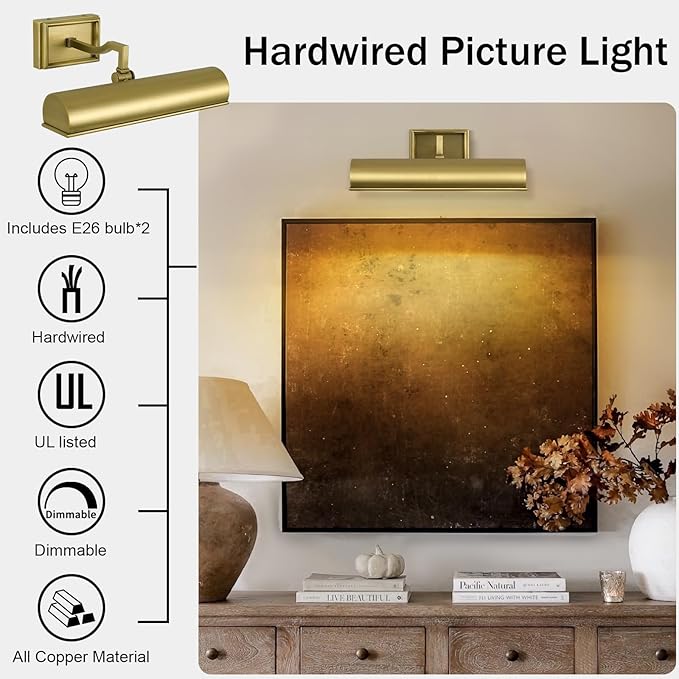 Modern 12in Brass Picture Lights for Wall Hardwired, Gold Picture Light Adjustable Picture Frames Lights Wall Sconce for Painting, Artwork, Gallery, Bookshelves Includes Bulbs