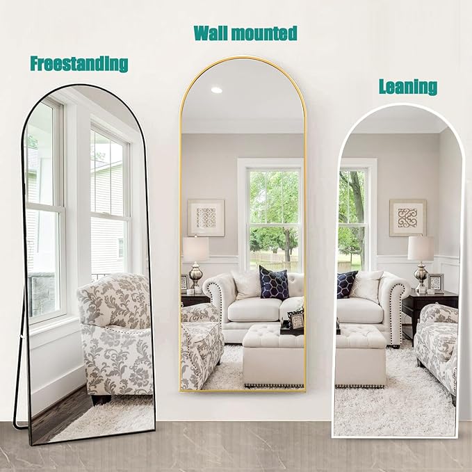 TinyTimes 57"x20" Arched Full Length Mirror, Full Floor Mirror with Stand, Large Full Body Mirror, Wall Mirrors for Bedroom Living Room, Aluminum Frame (Gold)