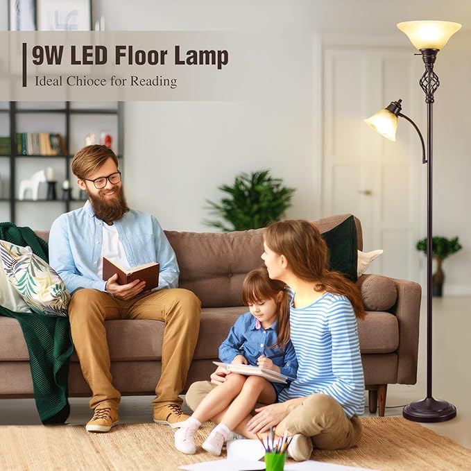 Torchiere Floor Lamp for Living Room, LED Standing Reading Light for Bedroom with Glass Shade for Living Room Corner Bedroom Home Office,Bulbs Included (Yellow Lampshade, Glass 2 Head)