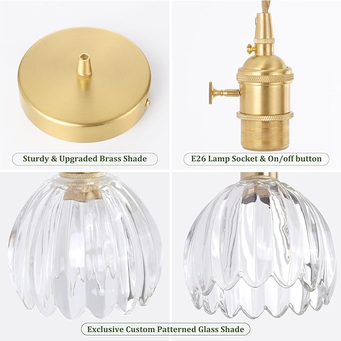 Mini Pendant Light with Clear Tulip Glass Lmapshade, Brass Vintage Pendant Light Adjustable Hanging Light for Kitchen Island Dining Room Hallway