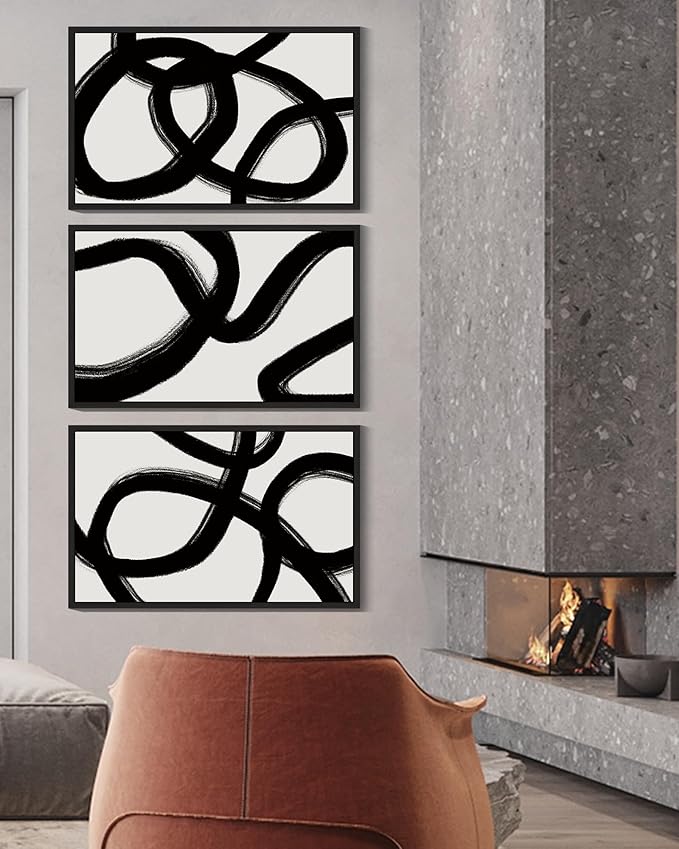 KUVIOKE Black and Wahite Abstract Framed Wall Art Ink Wash Minimalist Lines Painting Artwork for Bedroom Hallway 16x24in (Black Framed)