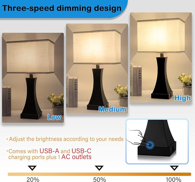 Table Lamp for Bedroom 3-Way Dimmable Touch Control Bedside Lamp with USB A+C Port & AC Outlet 21.6" Tall Nightstand Lamp for Living Room Office and Hotel Bulb Included