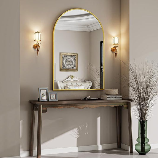 VooBang Arched Wall Mirror, 32 x 48 inch Arch Bathroom Mirror, Wall Mounted Vanity Mirror with Arch Metal Frame, Modern Bathroom Vanity Mirror for Bedroom, Living Room, Hanging or Leaning, Gold
