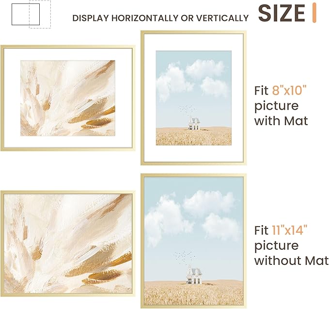 11x14 Aluminum Picture Frame Golden, 11 x 14 Metal Photo Frames with Removable Mat for 8 x 10 Photo, Metal Poster Frame Sawtooth Hanger for Easy Wall Display, Set of 1