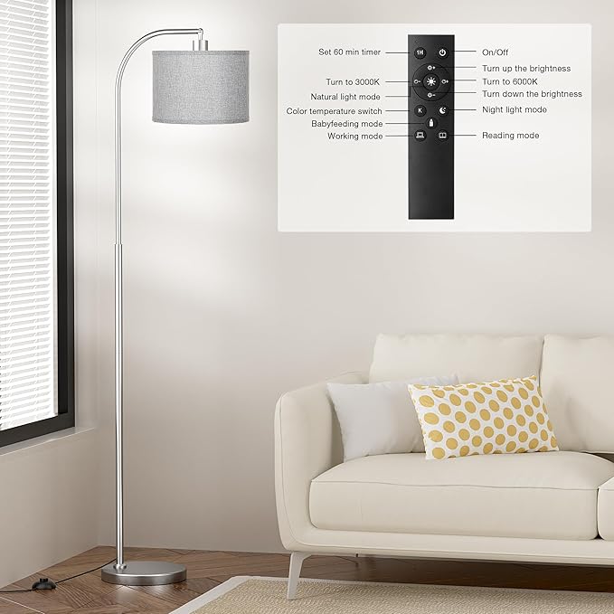 Arc Floor Lamp with Remote and Stepless Dimmable Bulb, Colors Temperature & Brightness Adjustable, Floor Lamps for Living Room（Grey Shade & Silver Pole）