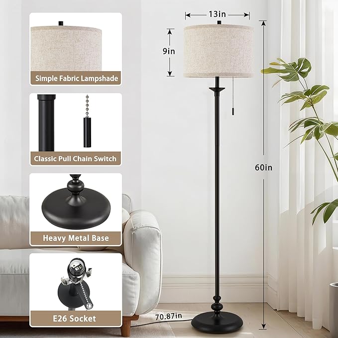 Luvkczc Black Floor Lamp, 60" Standing Lamp Tall Lamp with Fabric Lampshade&Pull Chain Corner Floor Lamps for Living Room, Bedroom & Office Bulbs Not Included