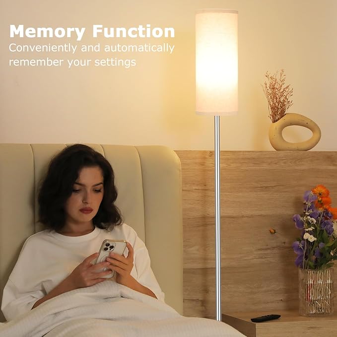 Ambimall 64'' Floor Lamps for Living Room with Remote Control and Stepless Dimmable Colors Temperature & Brightness, 9W Bulb Included(Beige Lampshade & Silver Pole)