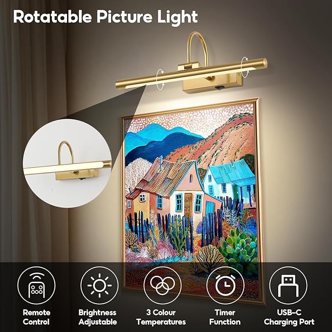 24" Picture Lights for Wall Battery Operated with Remote and Timer, Wireless Art Lights for Paintings, Rechargeable Wall Sconce, Dimmable Lighting for Canvas, Gallery Artwork, Portraits, Gold