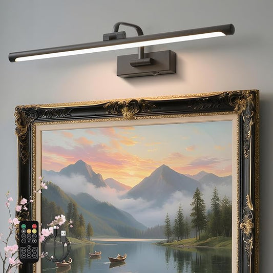Picture Lights for Wall Battery Operated, Rechargeable Light for Pictures with Remote & Timer, Black Art Light for Paintings 24 Inch Wireless Dimmable Cordless Gallery Lights with 3 Color Temperatures