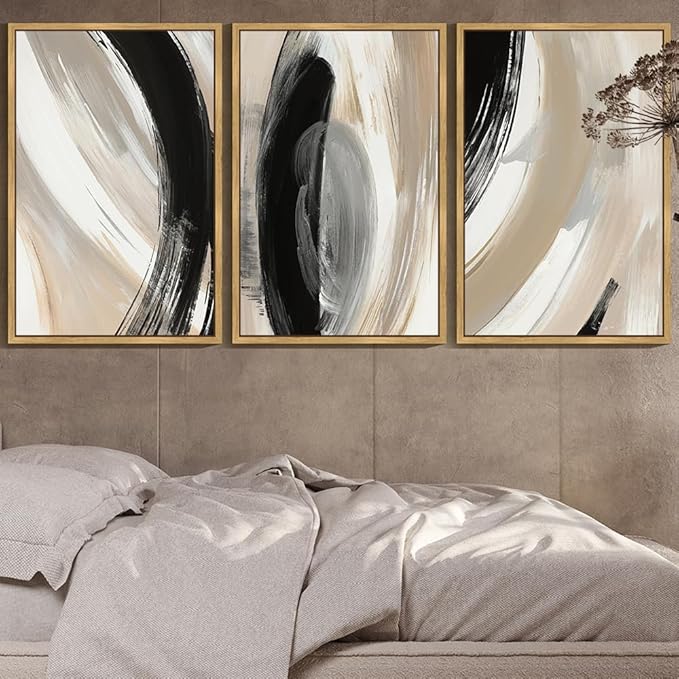 KUVIOKE Modern Abstract Framed Wall Art Black Neutral Minimalist Ink and Wash Graffiti Pastel Wall Decor for Bedroom Living Room 24x36in (Natural Framed)