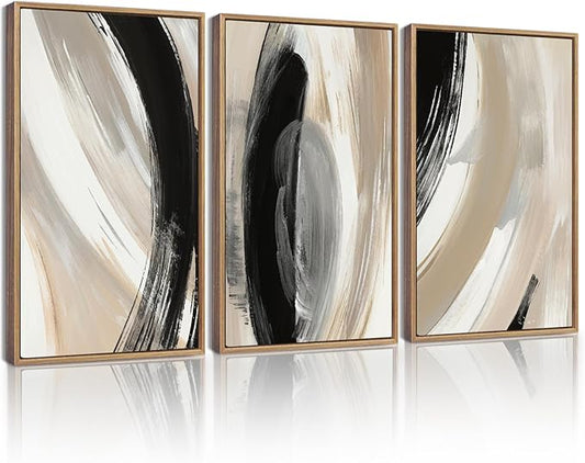 KUVIOKE Modern Abstract Framed Wall Art Black Neutral Minimalist Ink and Wash Graffiti Pastel Wall Decor for Bedroom Living Room 16x24in (Natural Framed)