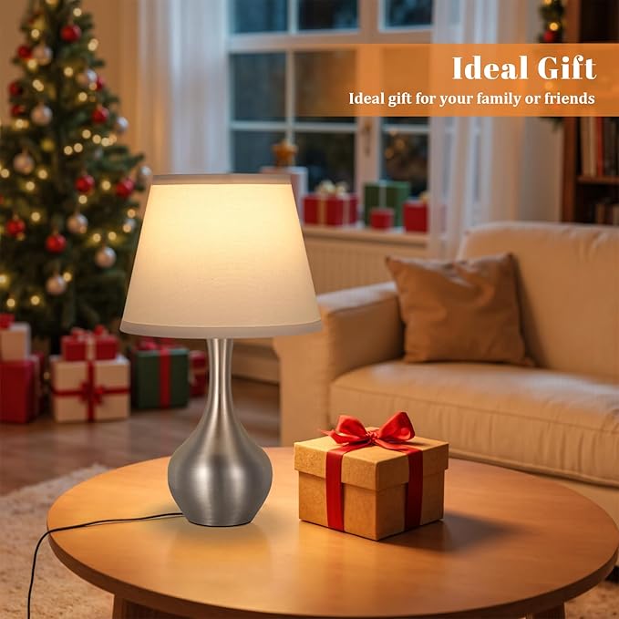 Seealle Touch Table Lamp for Bedroom, 3-Way Dimmable Small Bedside Lamps for Night Stands with Wires, Silver Desk Lamp for Kids Room, Office, Living Room, End Table(LED Bulb Included)