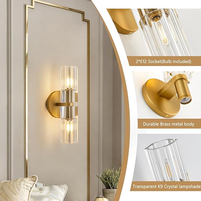 Crystal Wall Sconces Set of Two, 13" Modern Brass Sconces Lighting with K9 Crystal Lampshade,Indoor Wall Sconce Bedroom Wall Light Fixtures for Living Room Bathroom Hallway Stairs Entryway