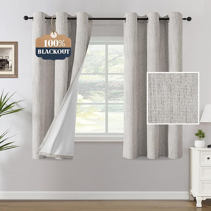 H.VERSAILTEX Chenille Linen Blackout Curtains for Bedroom Thermal Insulated Textured Linen Look Curtains with White Flocking Coating Back, 42" W x 63" L, Heathered Cloud(Not Solid)