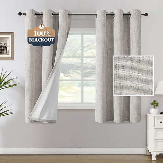 H.VERSAILTEX Chenille Linen Blackout Curtains for Bedroom Thermal Insulated Textured Linen Look Curtains with White Flocking Coating Back, 42" W x 63" L, Heathered Cloud(Not Solid)