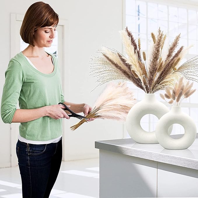 White Ceramic Vases Set 2 for Modern Home Decor,Boho Round Matte Pampas Flower Vases Minimalist Style for Wedding Dinner Living Room Office Coffee Table Decorative