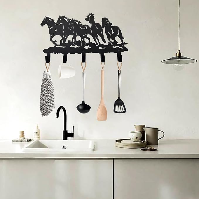 Metal Horse Coat Hooks Wall Art Decor-Horse Hangers and Key Holder-Clothes Rack and Backpack Hanger-Coat Hooks Home Decor for Storage, Living Room, Hallway, Office (Black)