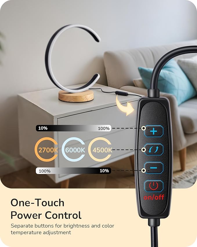 EDISHINE Modern LED Table Lamp, C-Shaped Bedside Lamp with 3 Color Temperature & Dimming, Upgraded Switch, Silicone Lampshade & Solid Wood Base, Nightstand Lamp for Living Room, Bedroom, Black