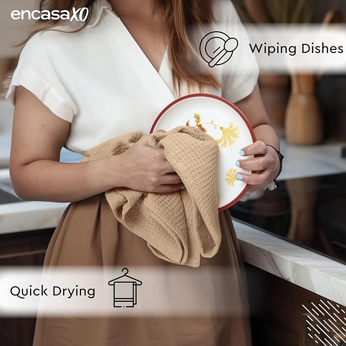 Encasa XO Kitchen Dish Towels Set | Multicolor | Waffle Weave and Flat Hand Tea Towel | 28"x18" | Quick Drying Reusable Cotton Washcloths | Multipurpose Lightweight Dishcloths Set of 12