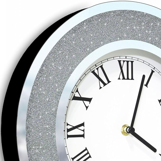 DMDFIRST Bling Silver Round Mirror Clock 12inch. Glam Sparkle Twinkle Shining Mirrored Wall Clock for Wall Decoration Silver Glass Mirror Home Decor. AA Battery is not Included.